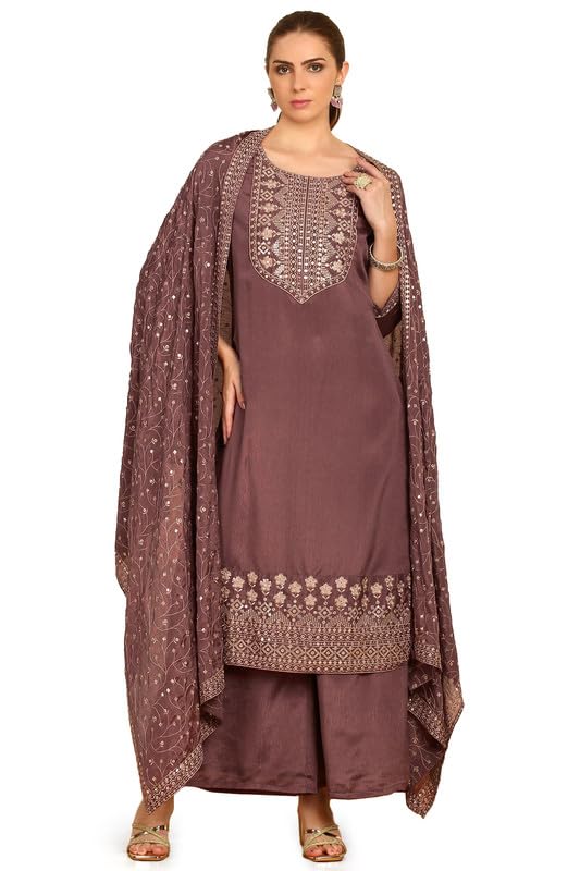 Soch Womens Mauve Yoke Embroidered Chinon Suit Set With Sequins