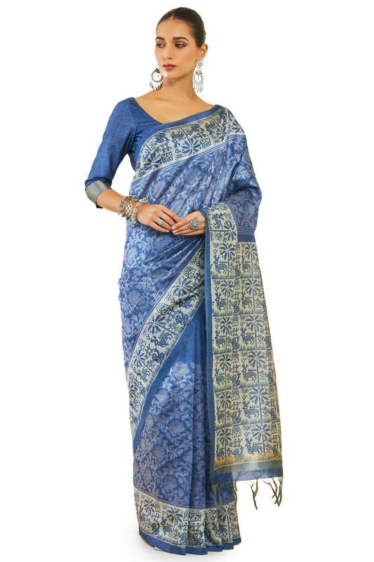 Soch Womens Indigo Tussar Silk Saree With Tribal Print And Zari Woven Saree