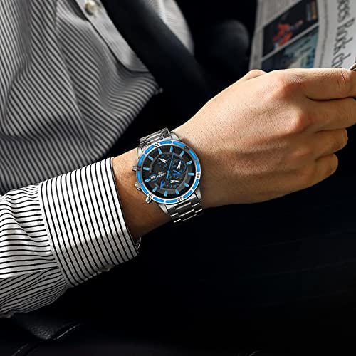 NIBOSI Watch for Men Fashion Business Men Watches Ultra-Thin Waterproof Chronograph Quartz Watches with Stainless Steel Band (Silver Blue)