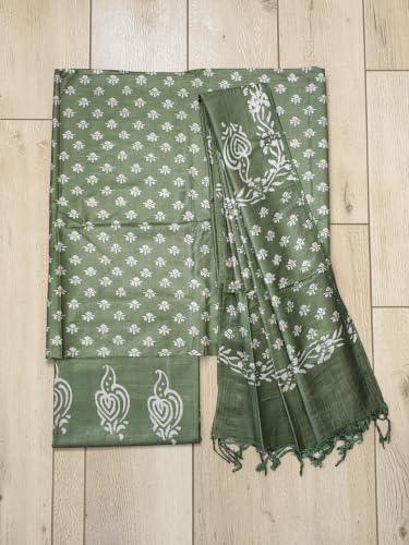 Ivikta Women's Unstitched Salwar Suit Dress Material with Dupatta | Batik Print Katan Silk Suit Dress Material (Olive Green)