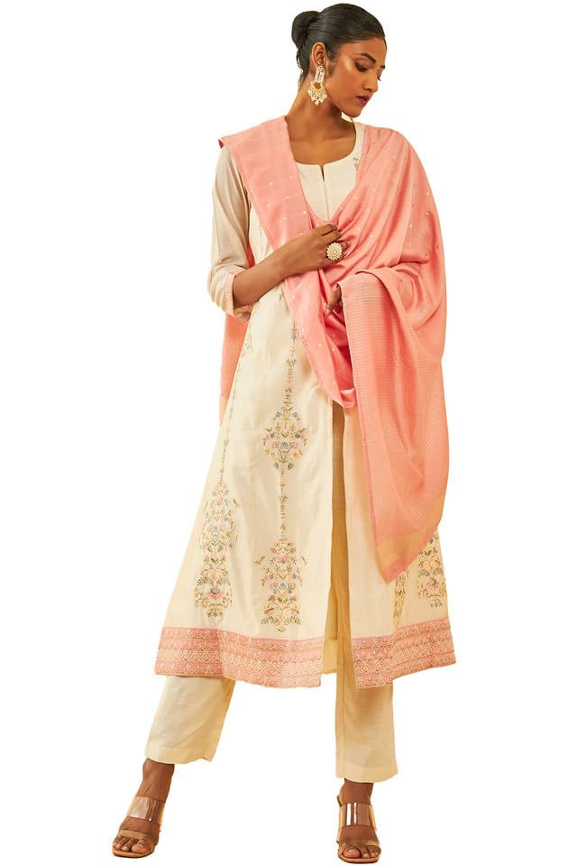Soch Womens Cream Chanderi Floral Embroidered Suit Set with Zari
