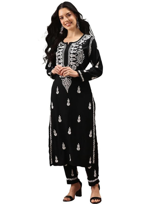 Ada Hand Embroidered Lucknowi Chikankari Rayon Kurta and Pant Set Co ord Set for Women A811255 Black (2XL)
