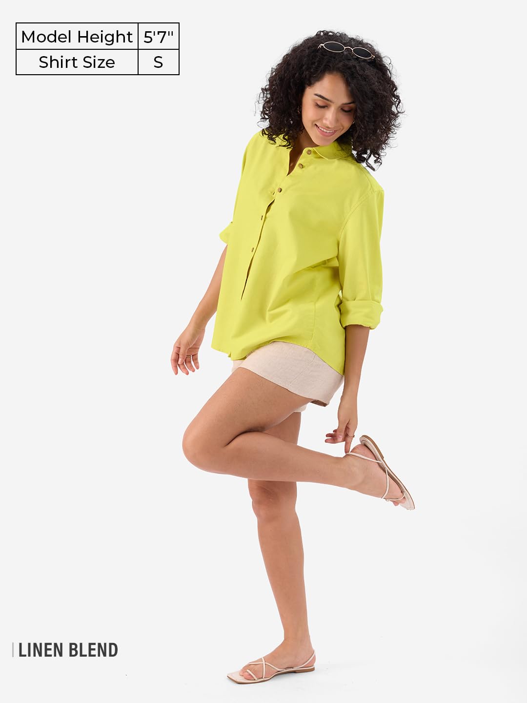 The Souled Store Lime Green: Women & Girls Long Sleeve Collared Neck Button Down Regular Fit Cotton Linen Shirts