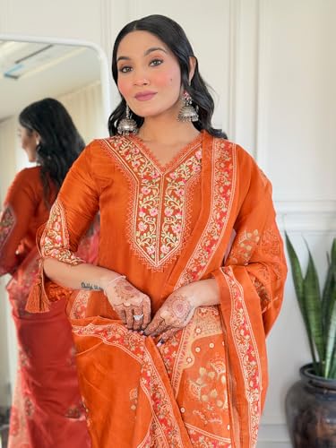 VARNI FABRICS: A lady's First Love Women's Viscose Embroidered Kurta Pant With Printed Dupatta, Floral Embroidery, Ethnic Wear Set (IN, Alpha, 2XL, Regular, Rust)