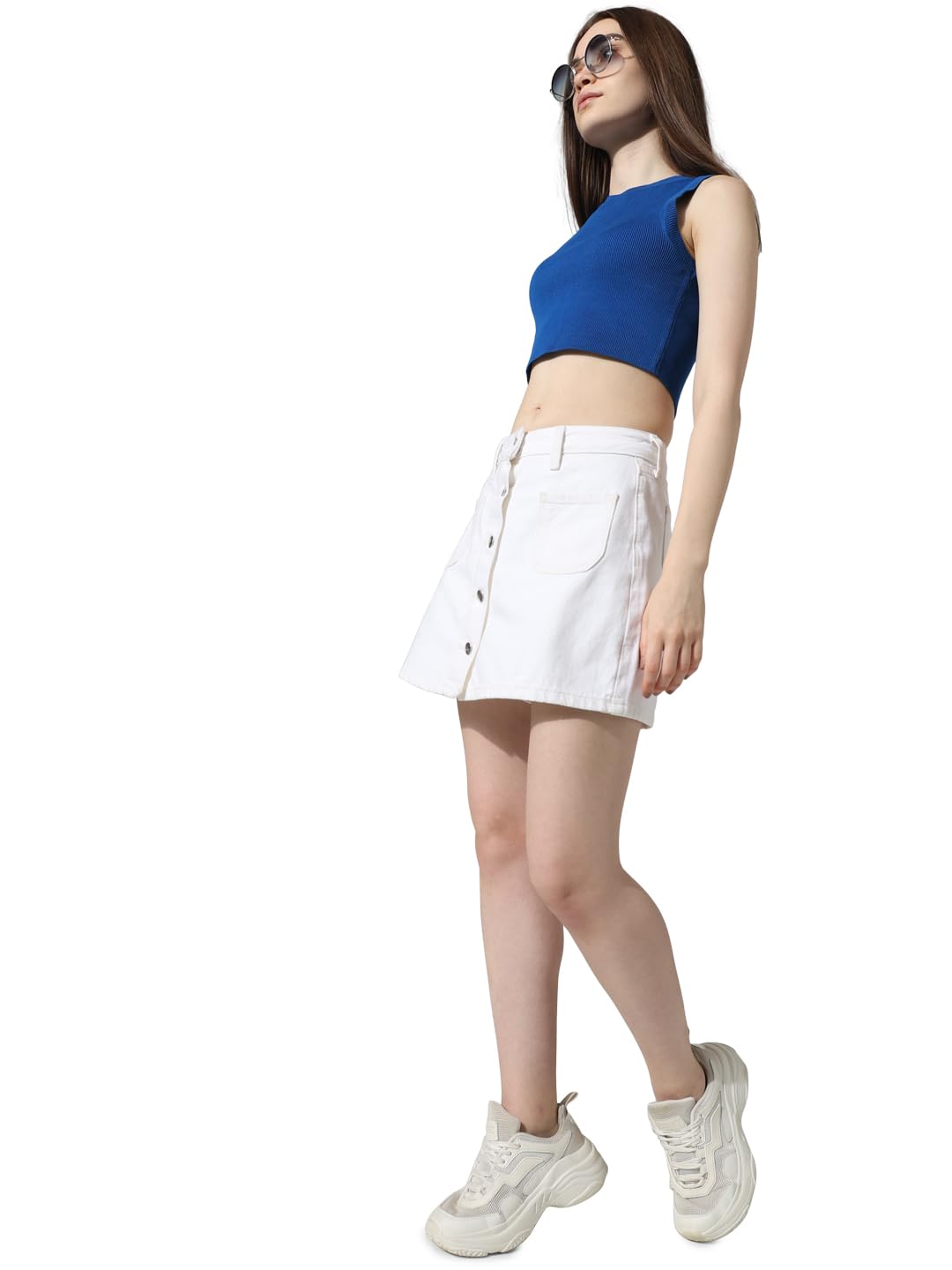 ONLY Women Solid Cotton Above Knee Straight Fit High Rise White Skort