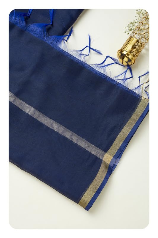 Soch Womens Navy Blue Zari Woven Border Solid Dupatta with Tassels