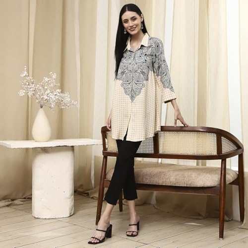 BIBA Women Ivory Printed Shirt-Style Straight Short Kurta_40