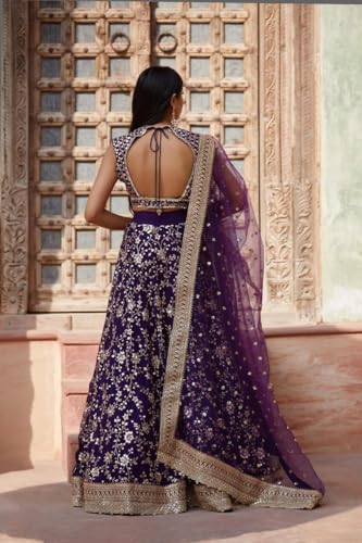 JIHU CULTURE Women's Purple Sequins Embroidered Georgette Semi-Stitched Lehenga Choli