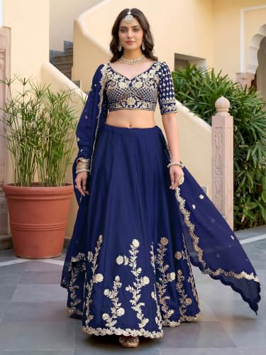Zeel Clothing Women's Thread and Sequins Embroidered Work Silk Lehenga Choli With Dupatta (5135-Blue-Women-Lehenga-Choli-Latest; Free size) (Blue)