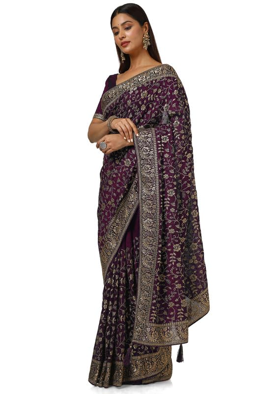 Soch Womens Wine Tussar Embroidered Saree With Tassels