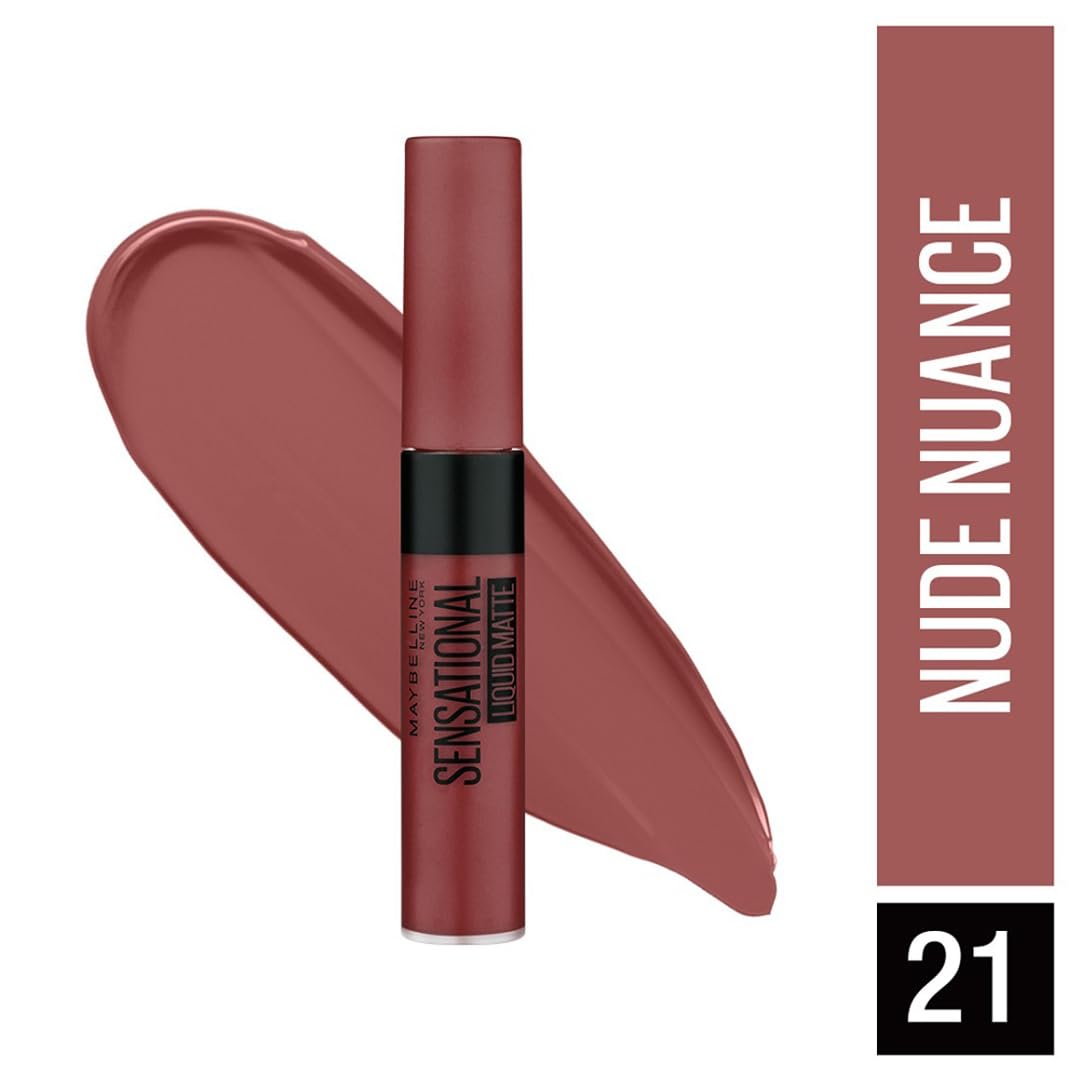 Maybelline New York Sensational Liquid Matte Lipstick, Non-sticky, Non-drying Lipstick, Hassle-Free & Precise Application, Long-lasting Liquid Matte Lipstick - Nude Nuance|7ml