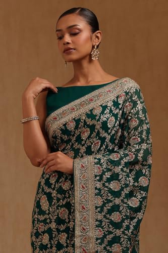 Soch Womens Teal Green Georgette Embroidered Saree With Stone Work