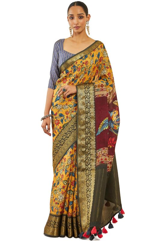 Soch Womens Mustard Crepe Saree With Floral Kalamkari Print And Zari Borders