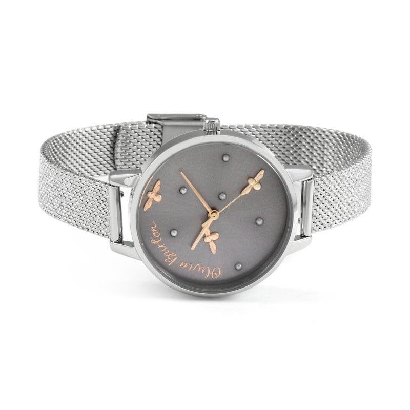 Olivia burton Pearly Queen Qtz Basic Purple & Fake Pearl & Bee Round Dial Women's Watch|Stainless Steel Material|Silver Color Band - OB16PQ01