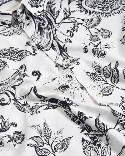 MUFTI Men Shirt | Slim Fit Full Sleeve Spread Collar Artistic Floral & Bird Print | Breathable Cotton Viscose Blend for Party Bright Snow White 6XL