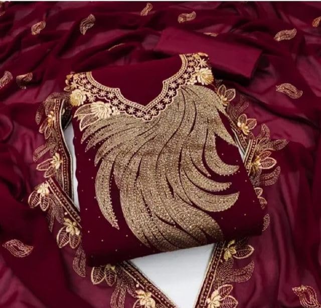VARNI FABRICS Georgette Dress Material for Women Embroidered Unstitched Woman Salwar Suit Dress Material With Georgette Dupatta Deep Maroon