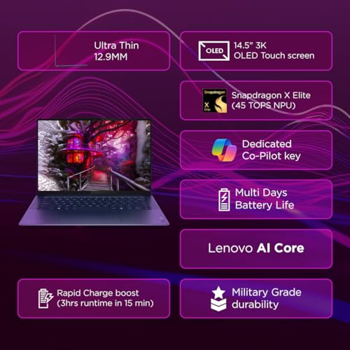 Lenovo Yoga Slim 7 Snapdragon X Elite X1E Built in-AI with Copilot+ 14"(35.5cm) 3K OLED 500Nits Touchscreen Laptop (32GB/1TB SSD/90Hz/Qualcomm NPU 45TOPS/Win11/MSO/1Yr ADP Free/Grey/1.4Kg), 83ED003BIN