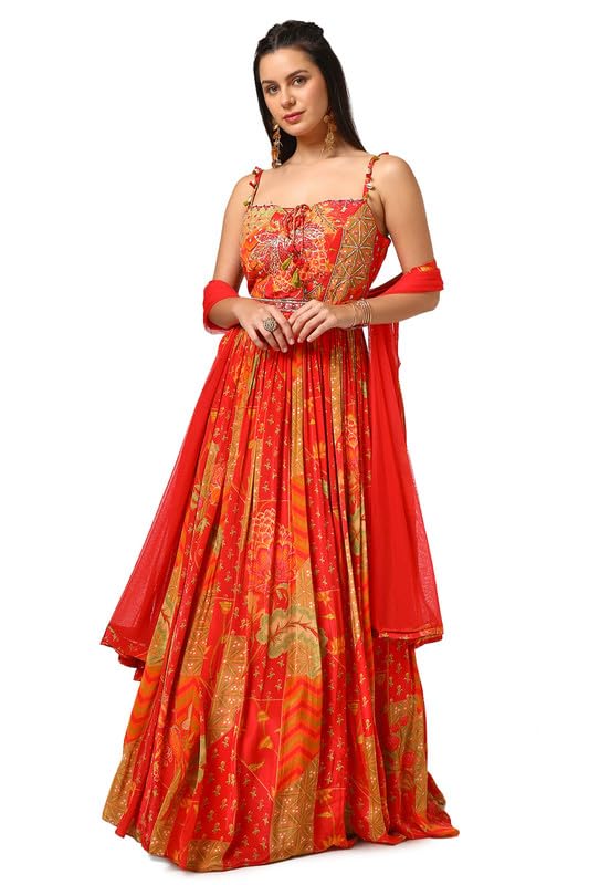 Soch Womens Red Crepe Floral Print Gown with Mirror Work