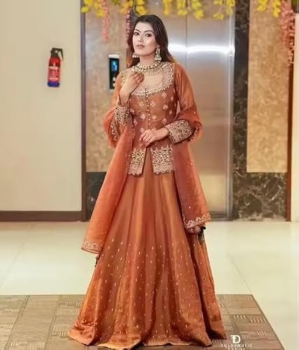 TILKI FASHION Kurti With lehenga And Dupatta Set Bollywood Style Embroidery lehenga Choli Set For Woman (CHINGARI ORANGE, Large)