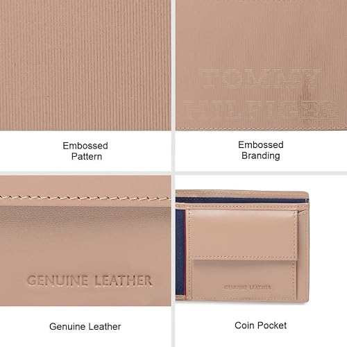 Tommy Hilfiger Men's Leather Wallet Avlona | Textured Khaki+White+Beige Bi-Fold with Global Coin Pocket | Stylish Purse for Gents