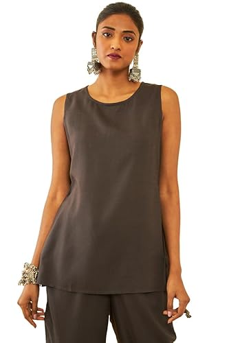 Soch Womens Charcoal Rayon Slub Three-Piece Co-Ord Set with Thread Work