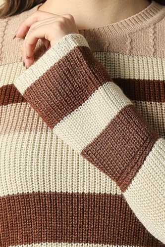 Women Beige Stripe Round Neck Casual Sweater