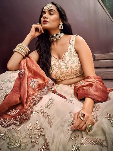 Zeel Clothing Women's Dori, Sequins and Thread Embroidered Work Cosmos Silk Lehenga Choli With Dupatta (6019-Copper-Women-Lehenga-Choli-Latest; Free size)