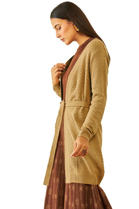 Soch Womens Beige Acrylic Knitted Open-Front Longline Shrug with Waist Tie-Up