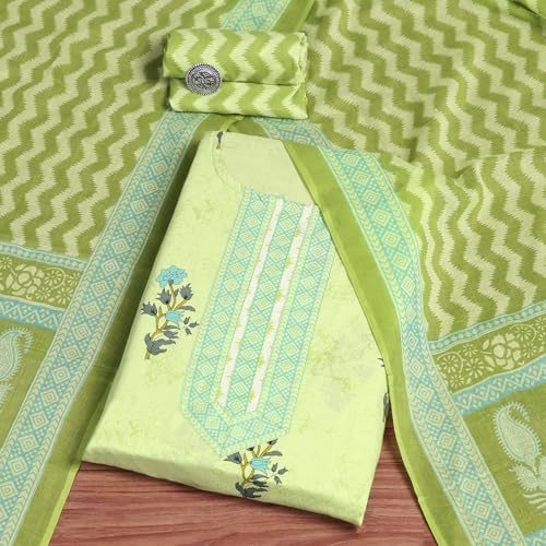 BIBA Women Lime Green Cotton Screen Print Unstitched Suit Set_FREE SIZE