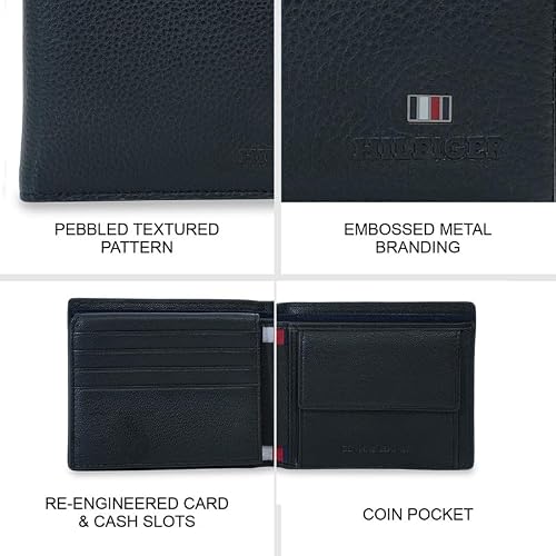 Tommy Hilfiger Men's Multicard Coin Wallet Caroni - Black | Genuine Pebbled Textured Leather Bifold Wallet with 12 Card Slots & Coin Pocket | Ideal for Gifting
