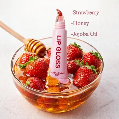 CRAZY GIRL Korean Crystal Glaze Moisturizing Lip Gloss | Kawaii Cute Tube | Strawberry, Honey & Jojoba Oil Infused | Hydrating Non-Sticky Glass Shine Lip Gloss for Girls & Women (Royal Red + Clear Vanilla)