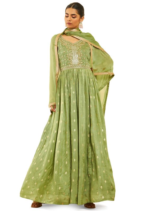Soch Womens Green Organza Woven Design Ethnic Gown with Mirrors