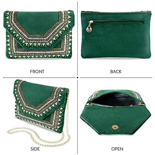 Peora Clutch Women's Purse Bridal Bag For Casual Detachable Strap Evening Sling Bag (Green)-C58GRN