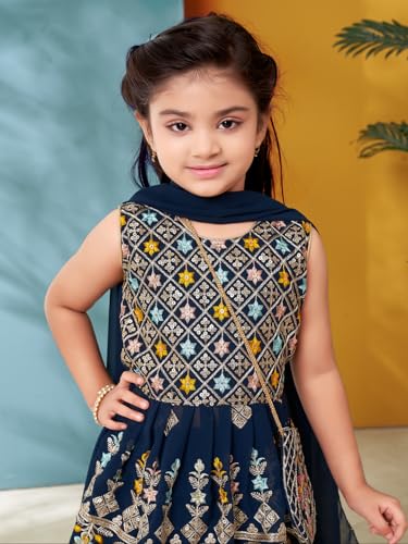 Aarika Girls Ethnic Wear Teal Blue Colour Thread Sequin Embroidery Georgette Kurti Patiala Set With Sling Bag (4-10 Years)