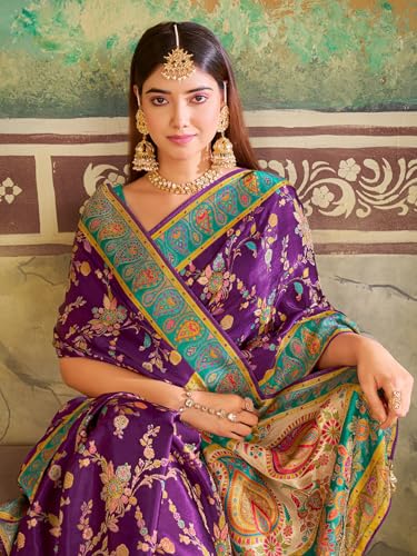 Glory Sarees Women’s Luxurious Dola Satin Pure Silk Original Saree Position Print Work Madhubani Inspired Motifs Banarasi Kanjivaram Style Saree With Blouse Piece (Elegant106_Purple)