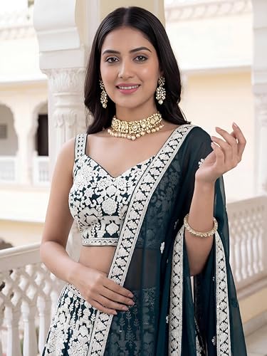 Zeel Clothing Women's Sequins Thread Embroidered Georgette Designer Lehenga Choli with Dupatta (5121-Green-Womens-Lehenga-Choli-Set; Free Size) (Green)