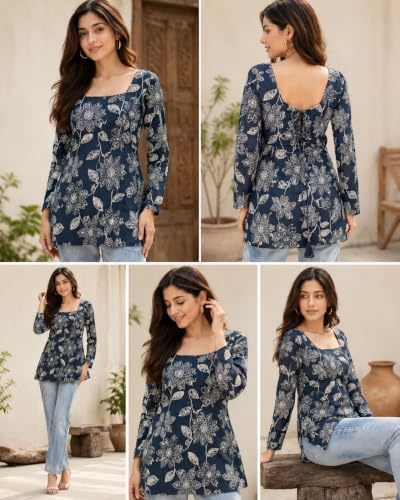 HOUSE OF RAAGA Gauri Women's Jaipuri Pure Cotton Floral Printed Peplum Kurti | Square Neck | Full Sleeves | Corset-Style Back Tie | Casual & Ethnic Wear Size,S