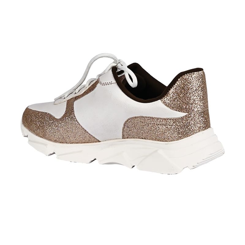 eske Maya Vegan Leather Chunky Sneakers | Silver-White Lace-Up Casual Shoes for Women | Textured Metallic Finish | Leather Insole | Lightweight EVA Sole | Stylish Footwear for Everyday Wear (Gold White, UK Footwear Size System, Adult, Women, Numeric, Medi