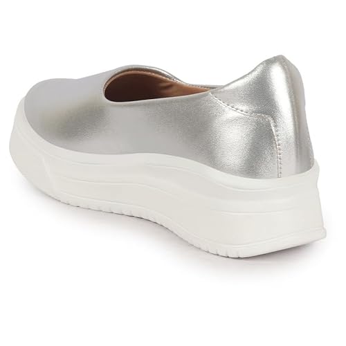 FAUSTO FST FJDWC-7033 SILVER-41 Women Silver Height Enhancer Lightweight Glitter Slip On Shoes|Memory Cushion Insole|Party Slip On All Season Casual Shoe (8 UK)