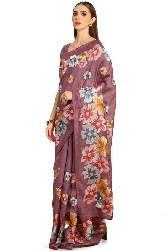 Soch Womens Purple Floral Embroidered Tussar Saree