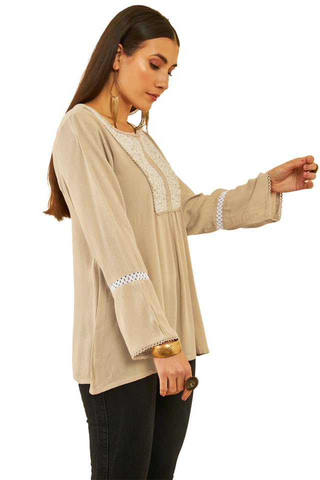 Soch Womens Beige Crepe Yoke Design Embroidery Tunic with Lace