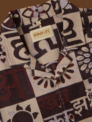 The Souled Store Nomad: Akshara Men and Boys Short Sleeve Cuban Collar Beige All Over Print Cotton Blend Casual Lightweight Easy to Style Trendy Oversized Shirt