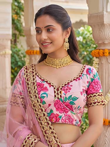 Zeel Clothing Women's Floral Print With Dori, Sequins and Stone Work Art Silk Lehenga Choli with Dupatta (7516-Light-Pink-Wedding-Women-Latest; Free Size)