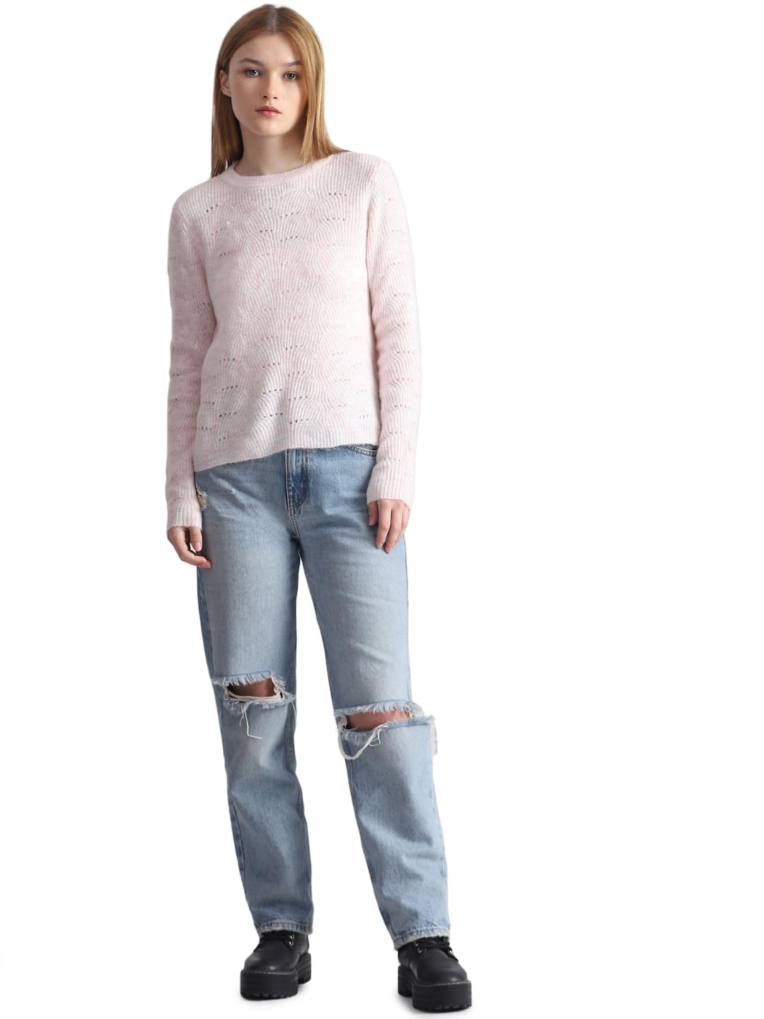 Only Women's Polyester Round Neck Sweater (15234745-Sweet Lilac_Sweet M)