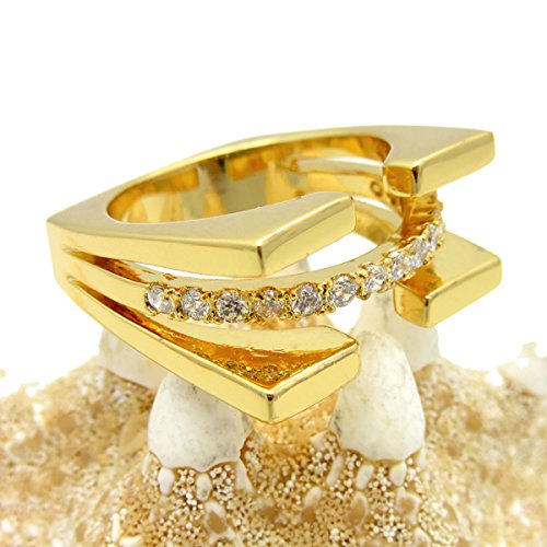 RUVEE Dual Square Band Golden Ripple Crystal American Diamond 22K Gold Plated Alloy Ring for Women & Girls