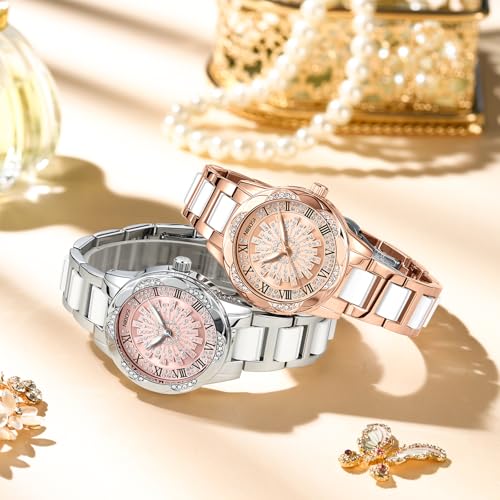 NIBOSI Watch for Woman Analog Quartz Rose Gold Stainless Steel Band Luxury Ladies Watch Stylish Diamond Rotating Pink Dial Wrist Watches Waterproof (Silver Pink)