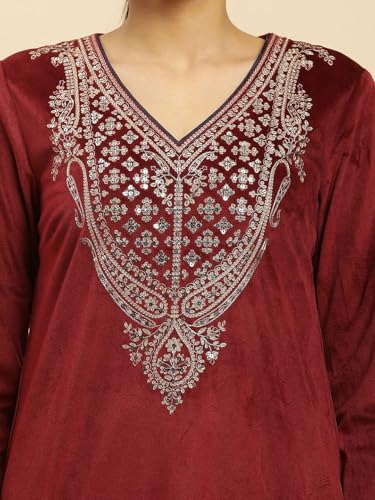 W for Woman Maroon Embroidered Flared Velvet Kurta (Size: 2XL)-24NOW10358-220780