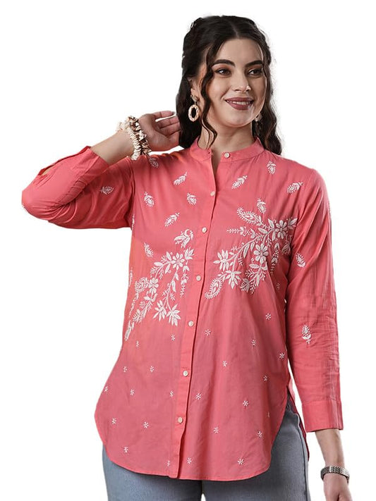 Ada Hand Embroidered Cotton Lucknow Chikankari Short Kurti Top for Womens A911391 Carrot Pink (4XL)
