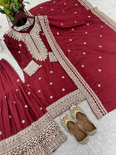 Brulry Women's Red Embroidered Chinnon Silk Kurta with Palazzo & With Dupatta