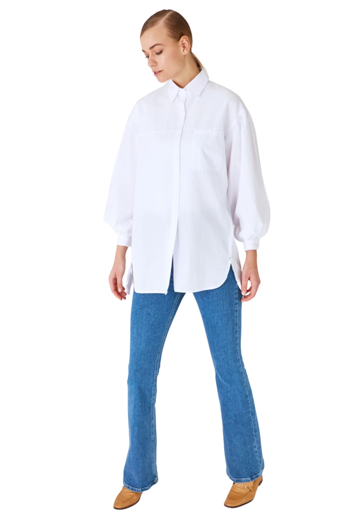 Trendyol Women Hijab Clothing Relaxed Fit Basic Shirt Collar Woven Modest Shirt, White, 38